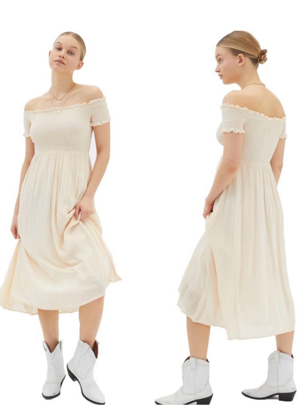 Urban Outfitters Cream One-Shoulder Smocked Midi Dress